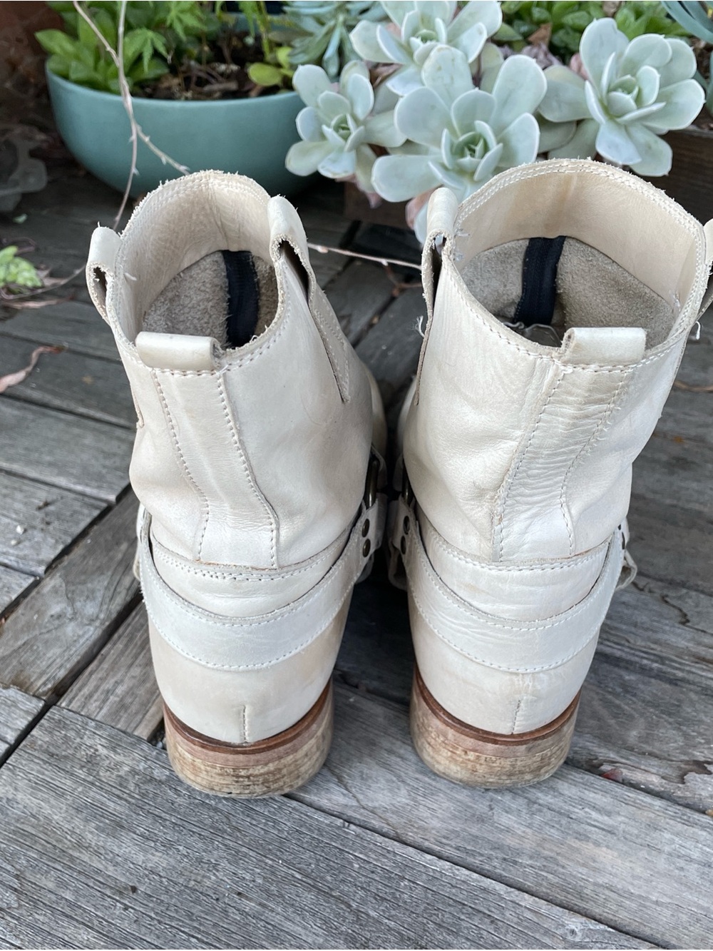 Women's Cream Leather Ankle Boots with Ring Harness - Picture 4 of 7
